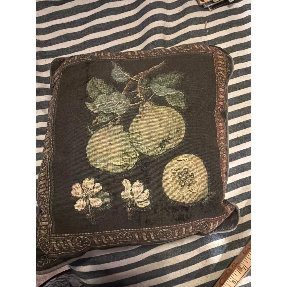 Vintage Woven Tapestry Throw Pillow Botanical Pear Fruit Floral Dark Brown 12x12